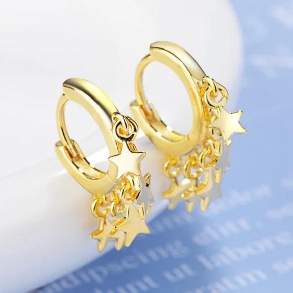 NEW GOLD STAR HOOP EARRINGS - Picture 2 of 5
